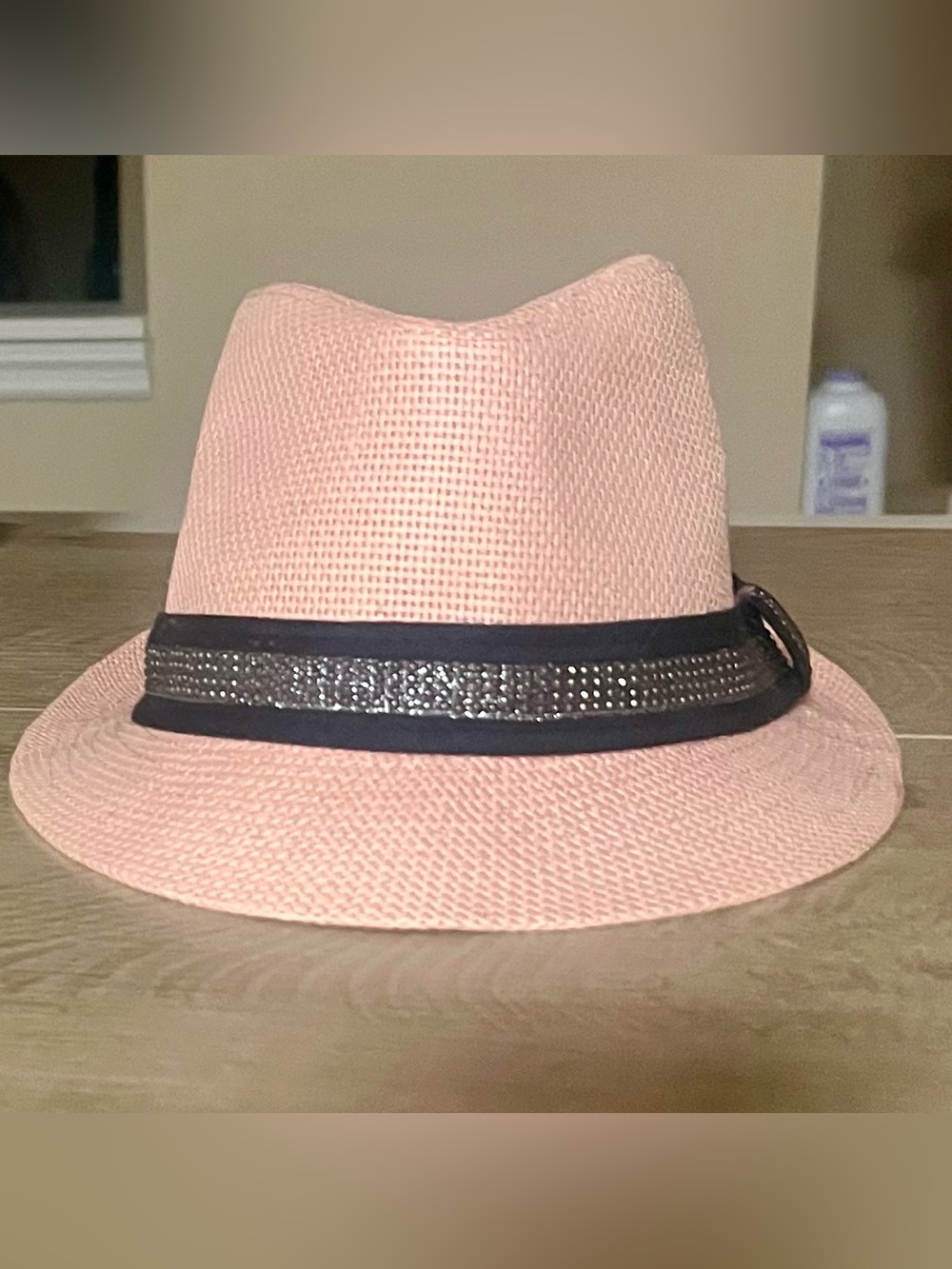 Women’s Pink Straw Trilby Hat with Black Rhinestone Band